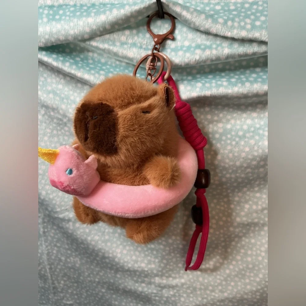 Capybara Bag Charm with Pink Floatie and Rope